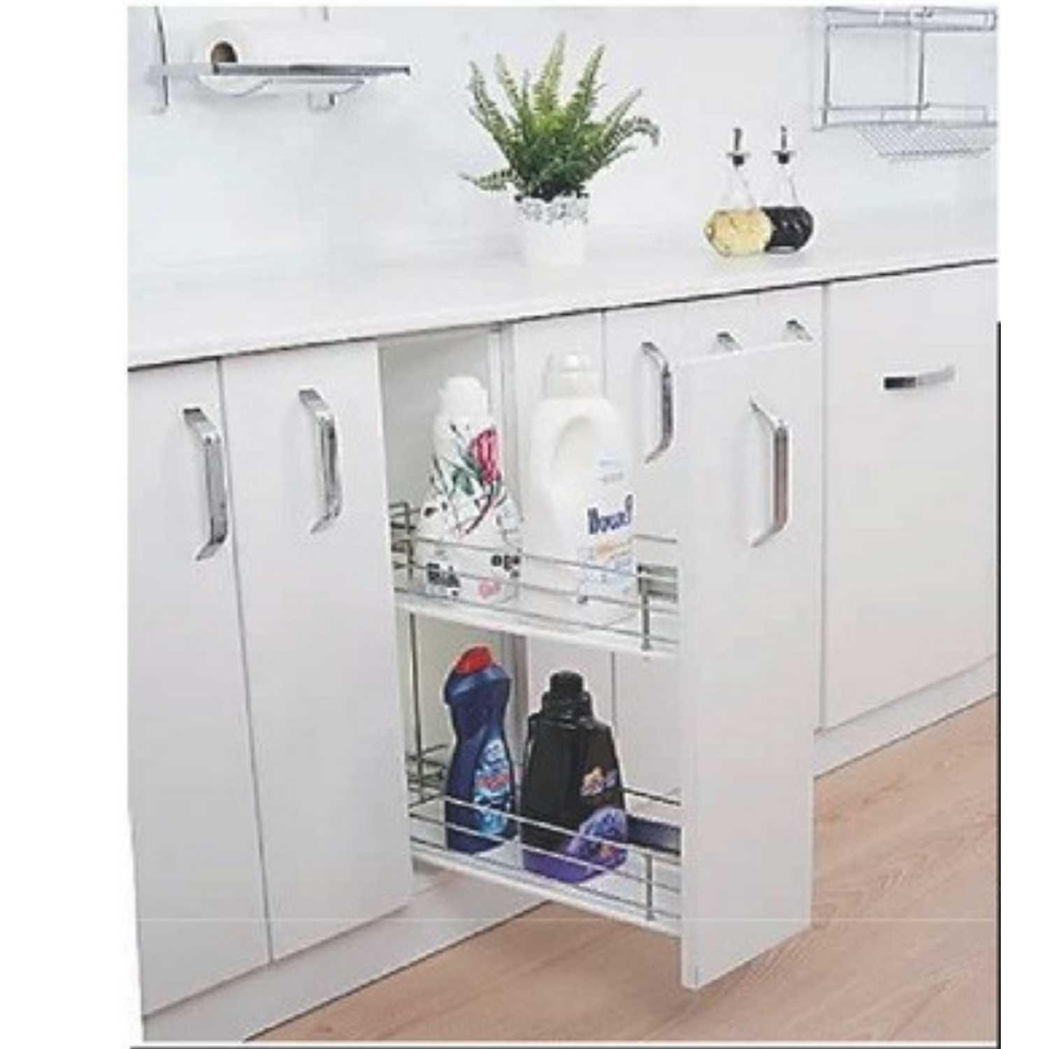 Yandan Teleskopik Frenli Raylı Ahşap Tabanlı Şişelik - Deterjanlık